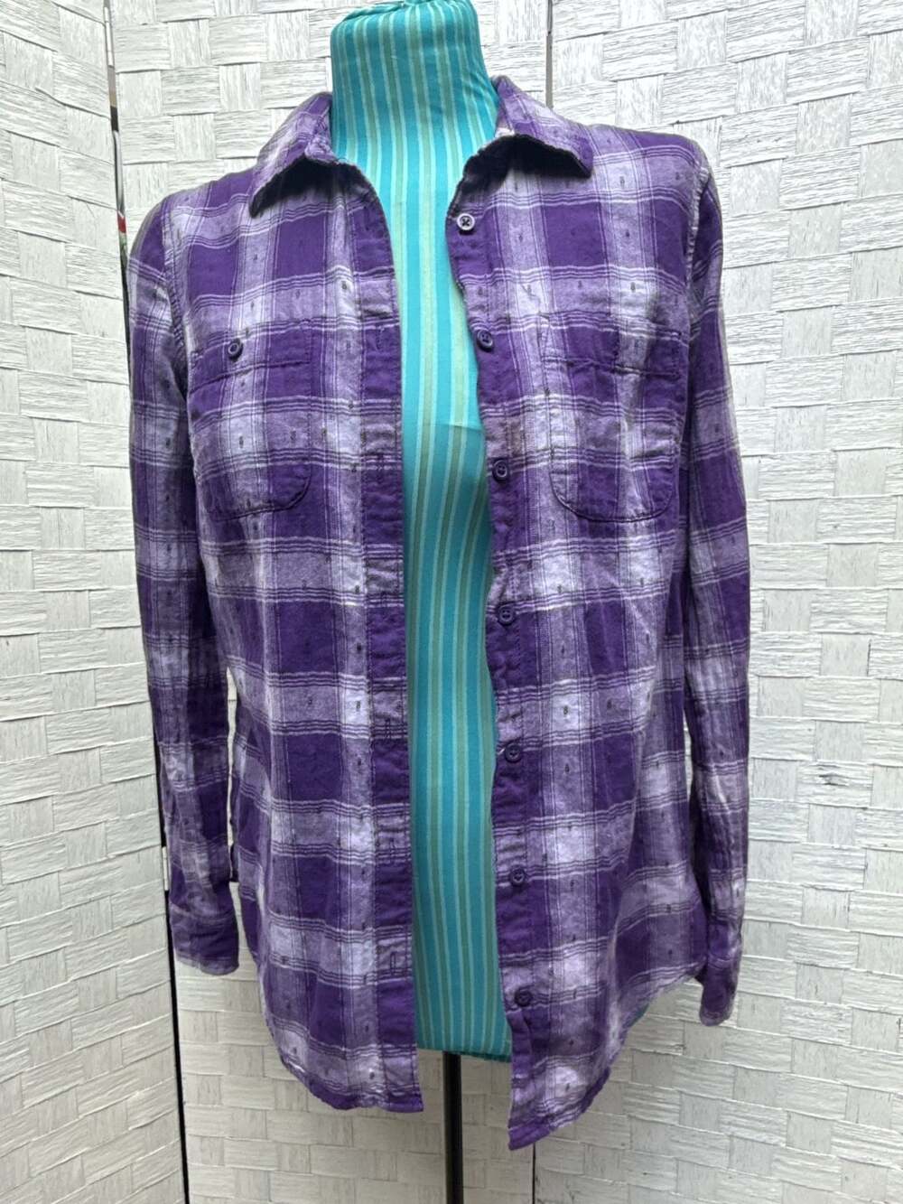 St. John's Bay Plaid Button Down Shirt Size S Purple